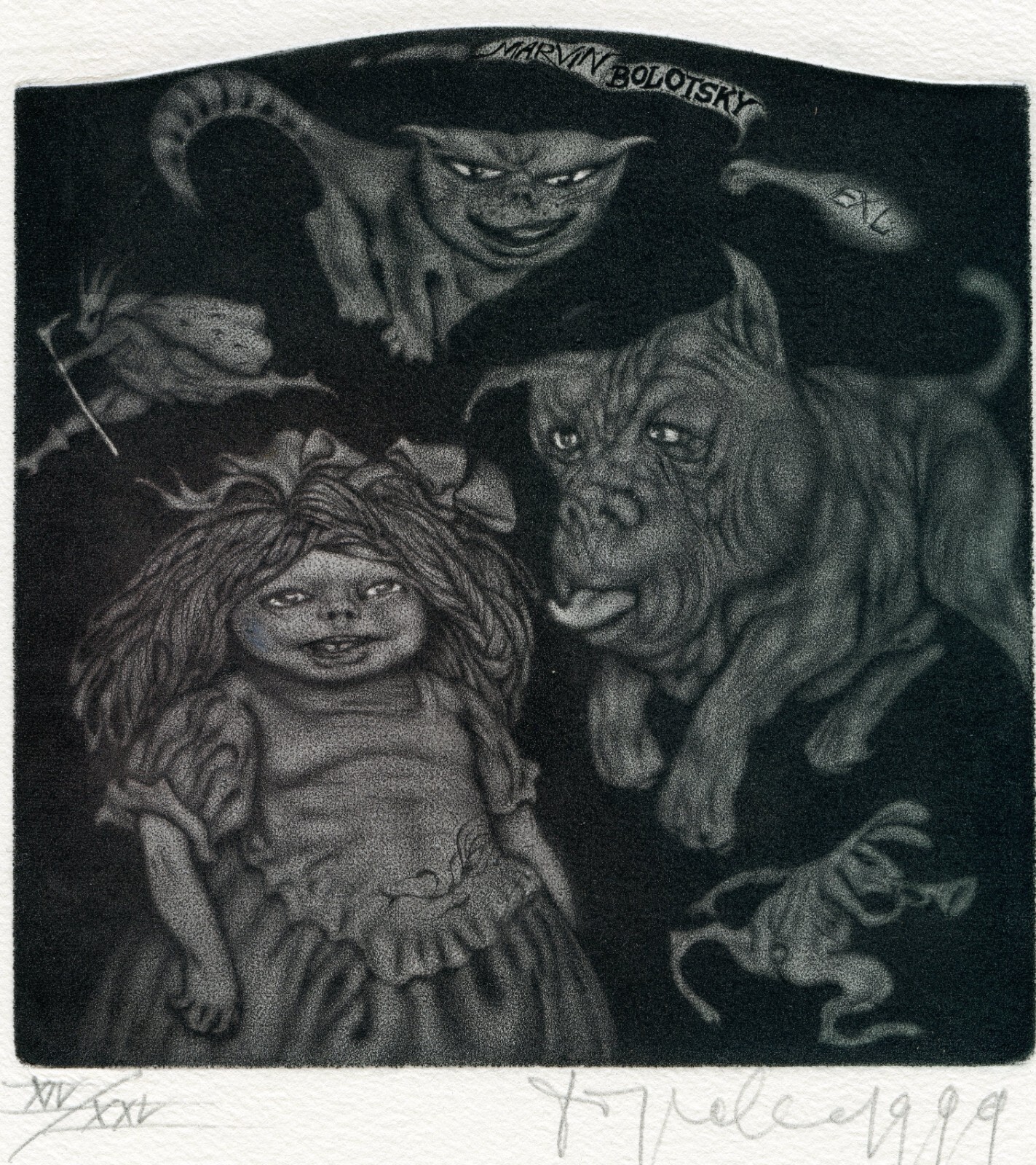 Girl Dog Cat, Original Numbered Surrealistic Etching Ex libris, Yuri Borovitsky