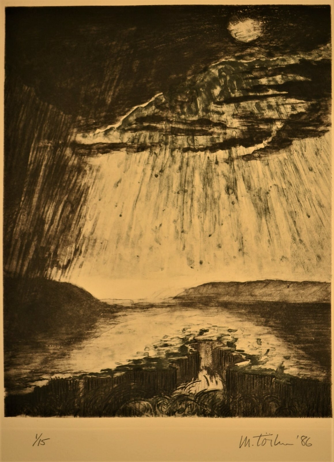 Michael Torlen Original Signed Waterfall River Rain Drypoint Etching Engraving
