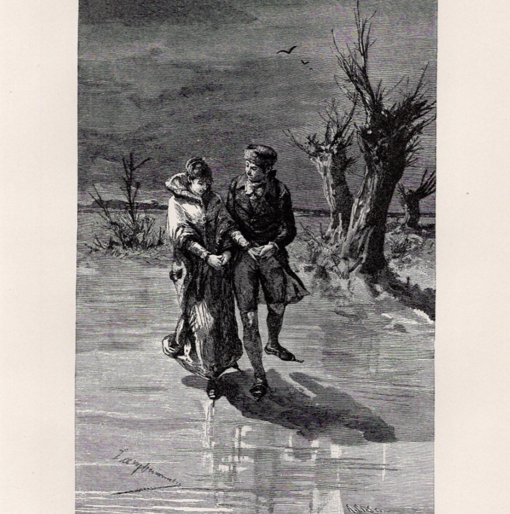 Victorian Man & Woman Night Romantic Winter Ice Skating Scene 1892 Antique Print