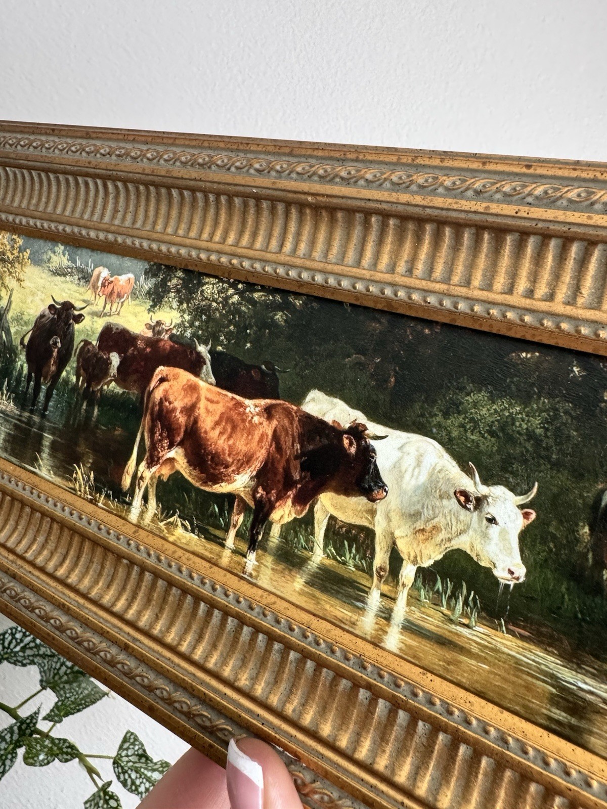 Long wood framed landscape print with cows pastoral landscape
