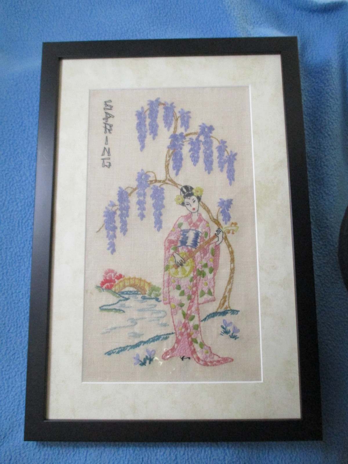 Framed & Matted Japanese Art Under Glass – Hand Stitched Woman In Spring Scene