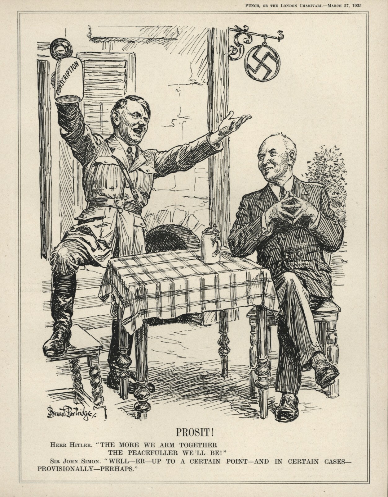 Rare 1935 British Cartoon GERMAN RE-ARMAMENT – John Simon & Hitler -CONSCRIPTION