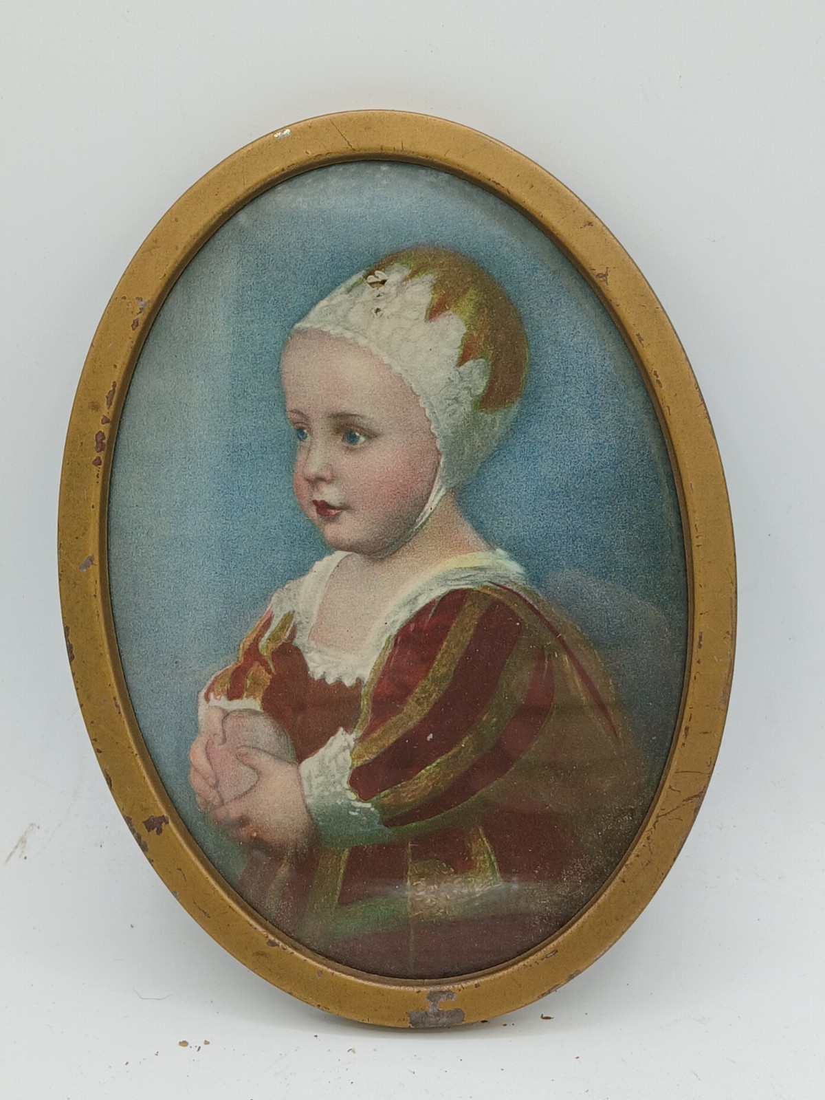 Vintage Victorian Child Portrait Print Oval Metal Frame Renaissance Style France