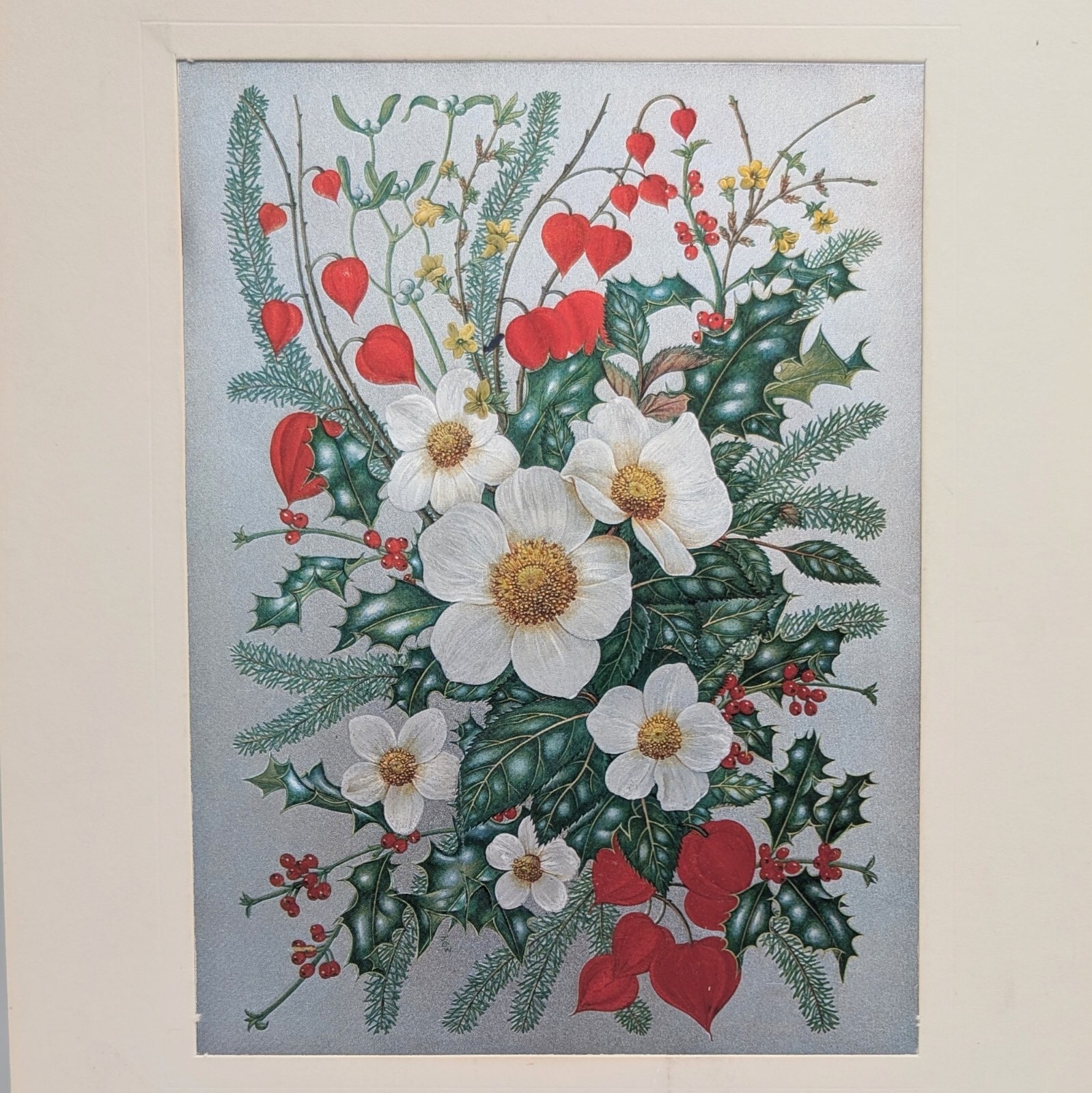 Vintage Floral Foil Picture Christmas Roses 6×8 in 8×13 Mat