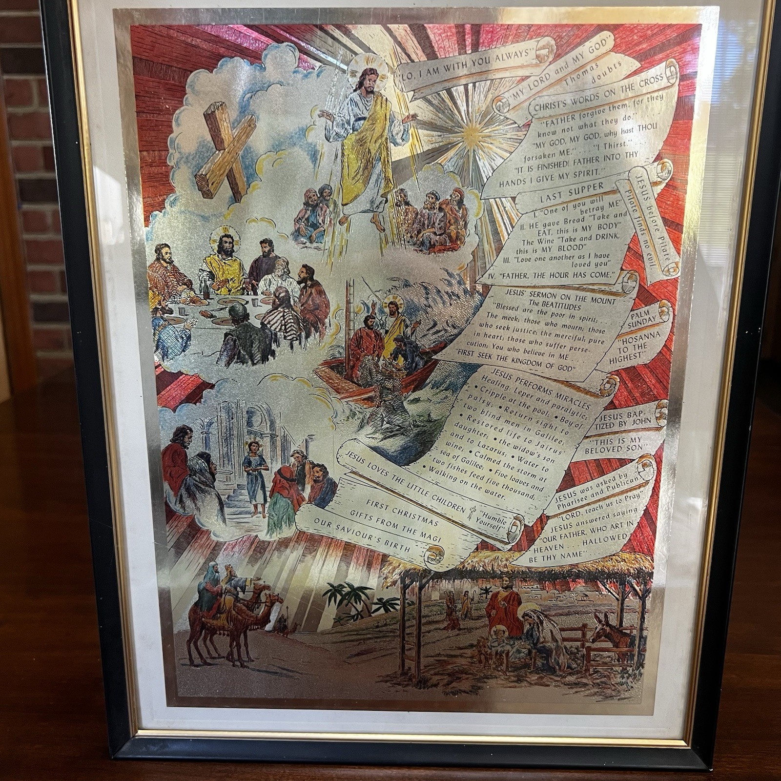 Vintage Religious Foil Art Print Gold Framed Life of Jesus Christ Luminous MCM
