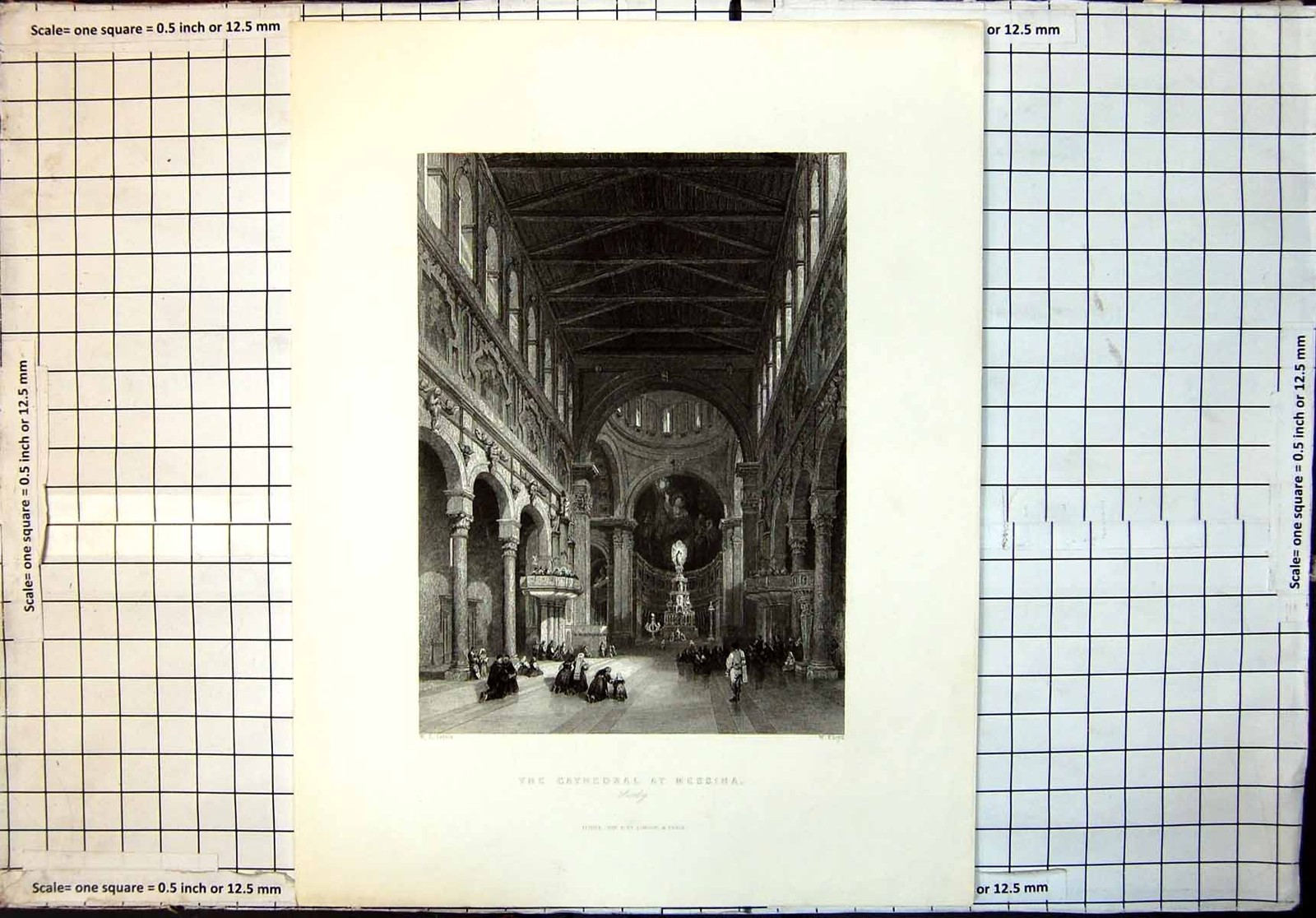 Original Old Antique Print Cathedral At Messina Italy Interior Worshippers
