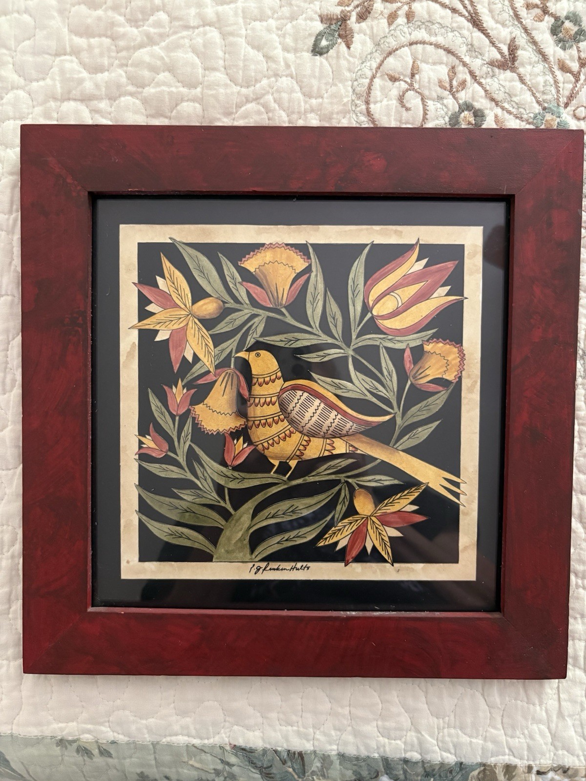 PJ Rankin Hults Folk Art Print Bird And Flowers 12”x12”
