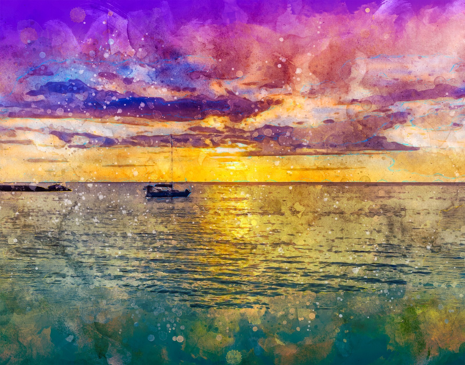 Sunset Boat Digital Photo Painting, 8 x 10 Art Print, Ready For Framing