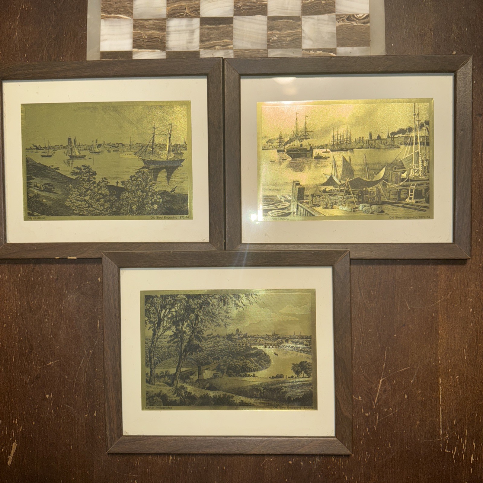 Set of 3 Old Steel Engraving City Prints Etched Gold Foil Prints – Framed 9×11”