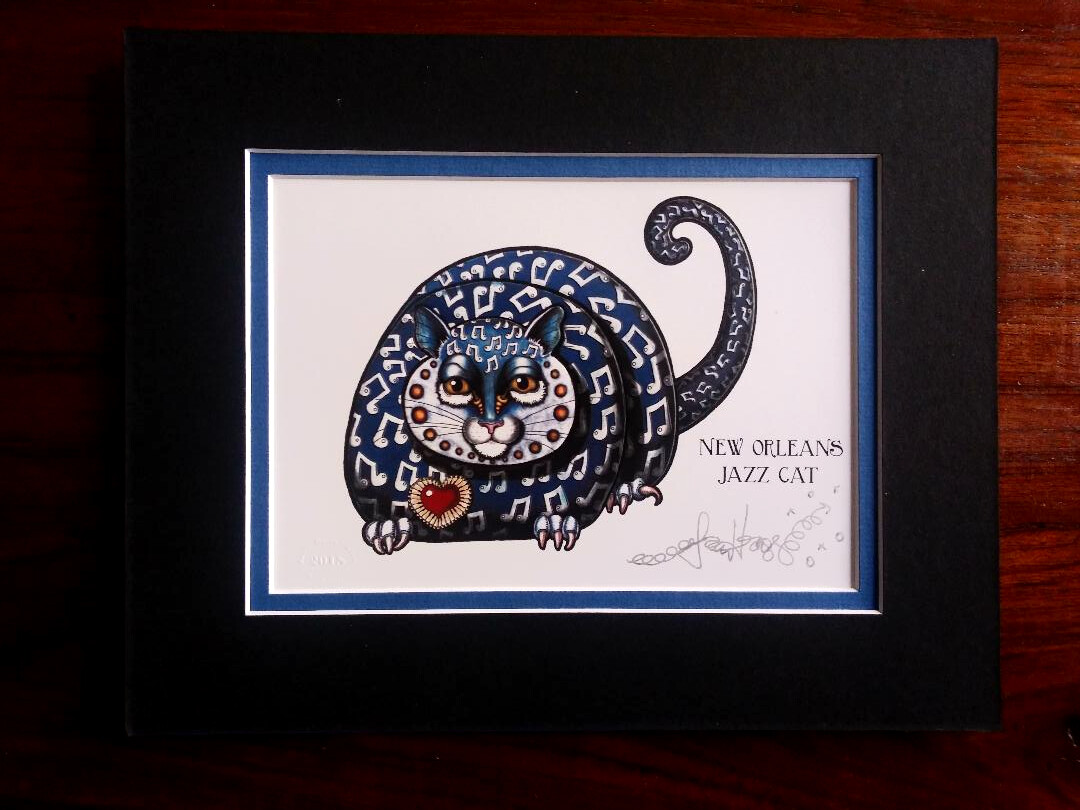 New Orleans Jazz Cat print Feline ART Jamie Hayes 8×10, music notes, signed