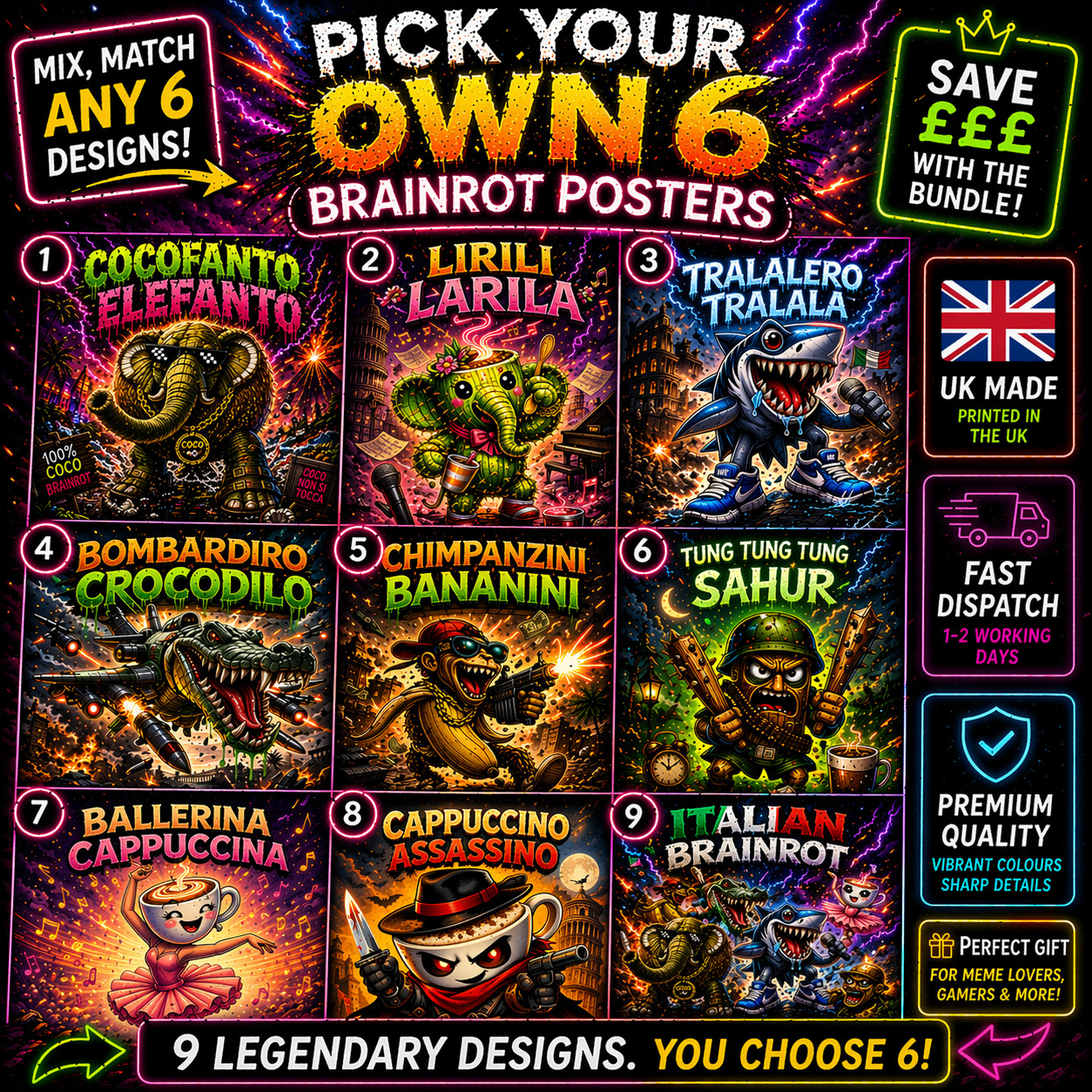 Pick Any 6 Brainrot Posters Neon Meme Wall Art Gaming Room UK Print