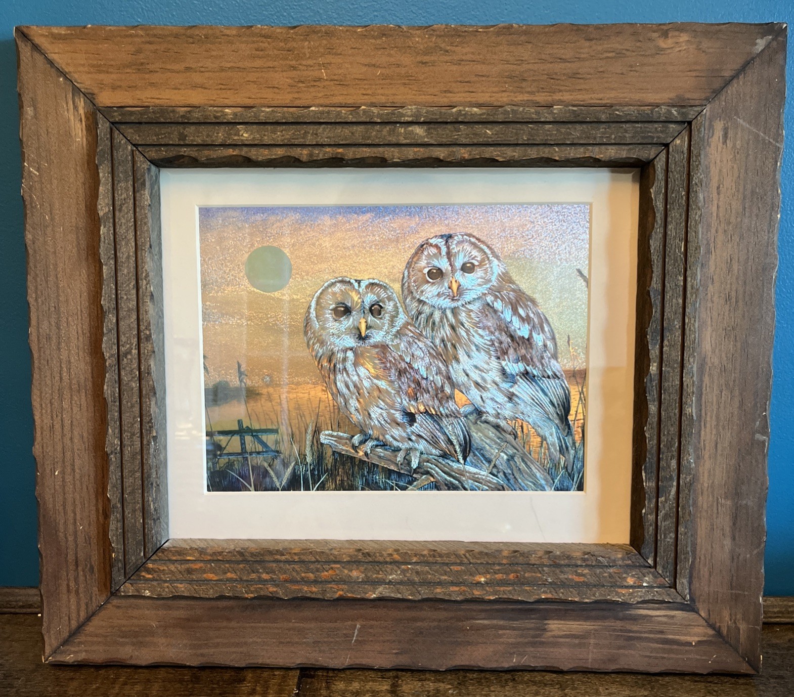 Vintage Foil Pair of Owls With Rustic Barnwood Style Frame 14.5” X 12.75”