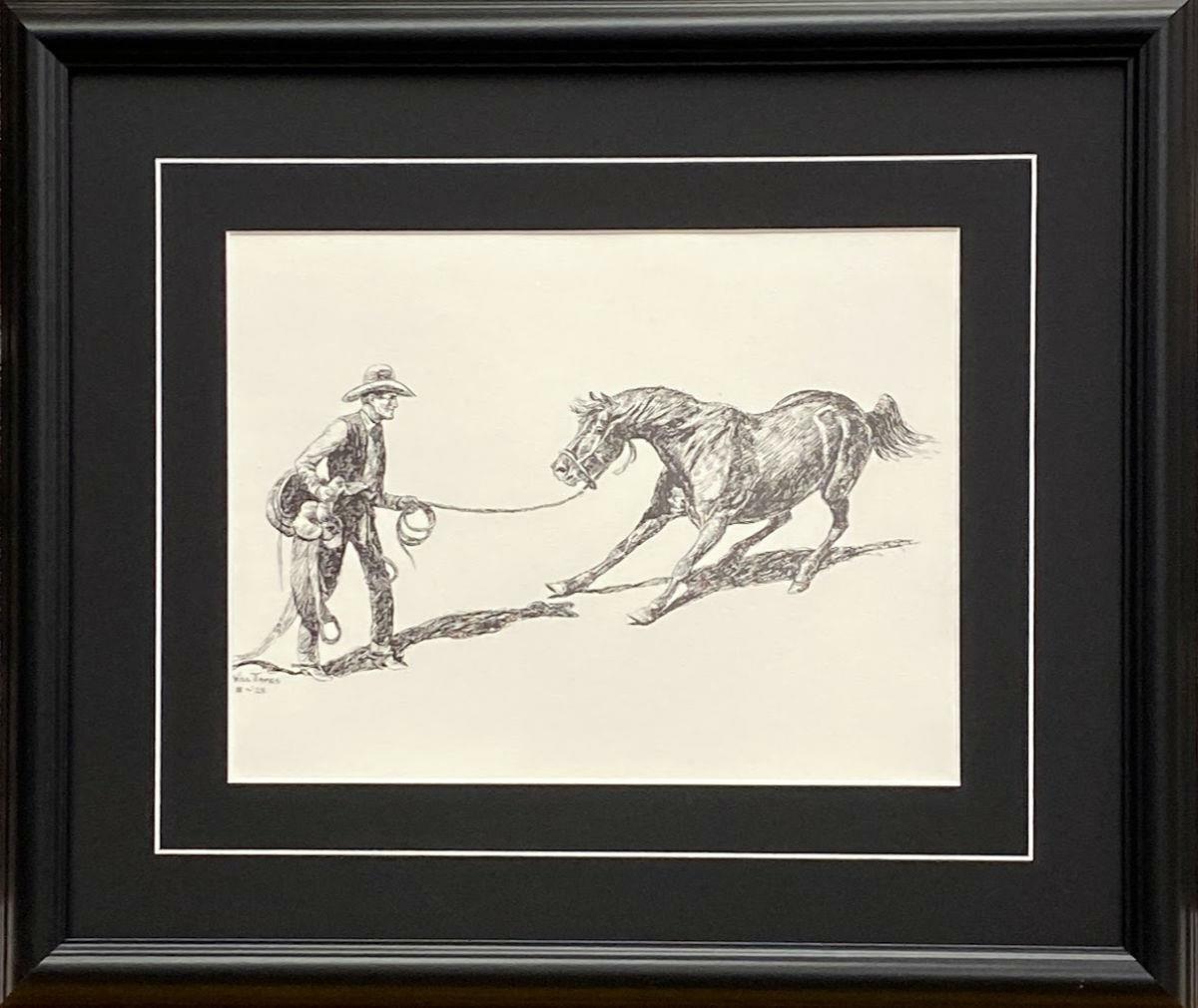 Will James Cowboy breaking Wild Horse Black and White Art Print-Framed 20 x 17