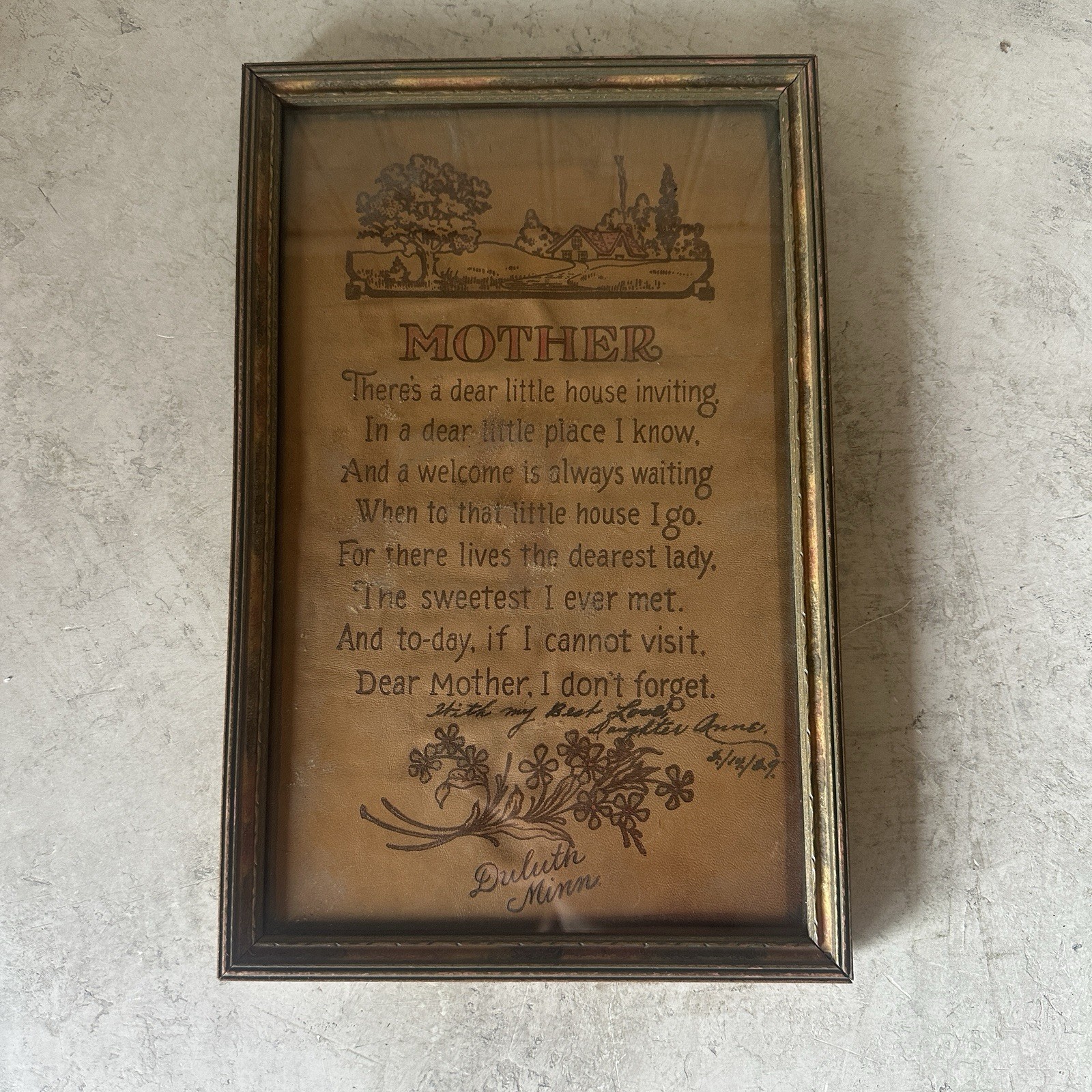 1929 Framed Mother Motto Poem on Leather Duluth MN Signed Antique Souvenir 11.5”