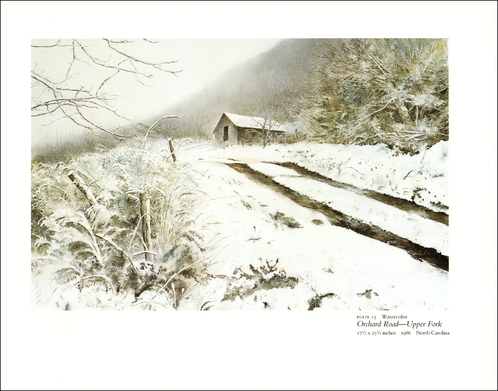1987 Vintage Print North Carolina Country Home Snow Barn Rural Watercolor Image