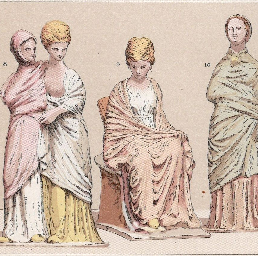 ANCIENT GREEK SCULPTURAL DRESS – RACINET PLATE – 1876 Antique Print