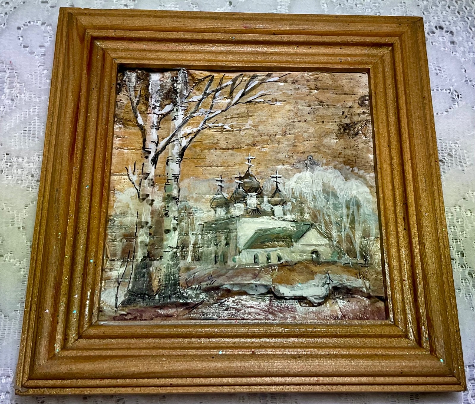 Vintage Framed 3D Birch Bark Picture Of Russian or Ukrainian Orthodox 5x5x5inch