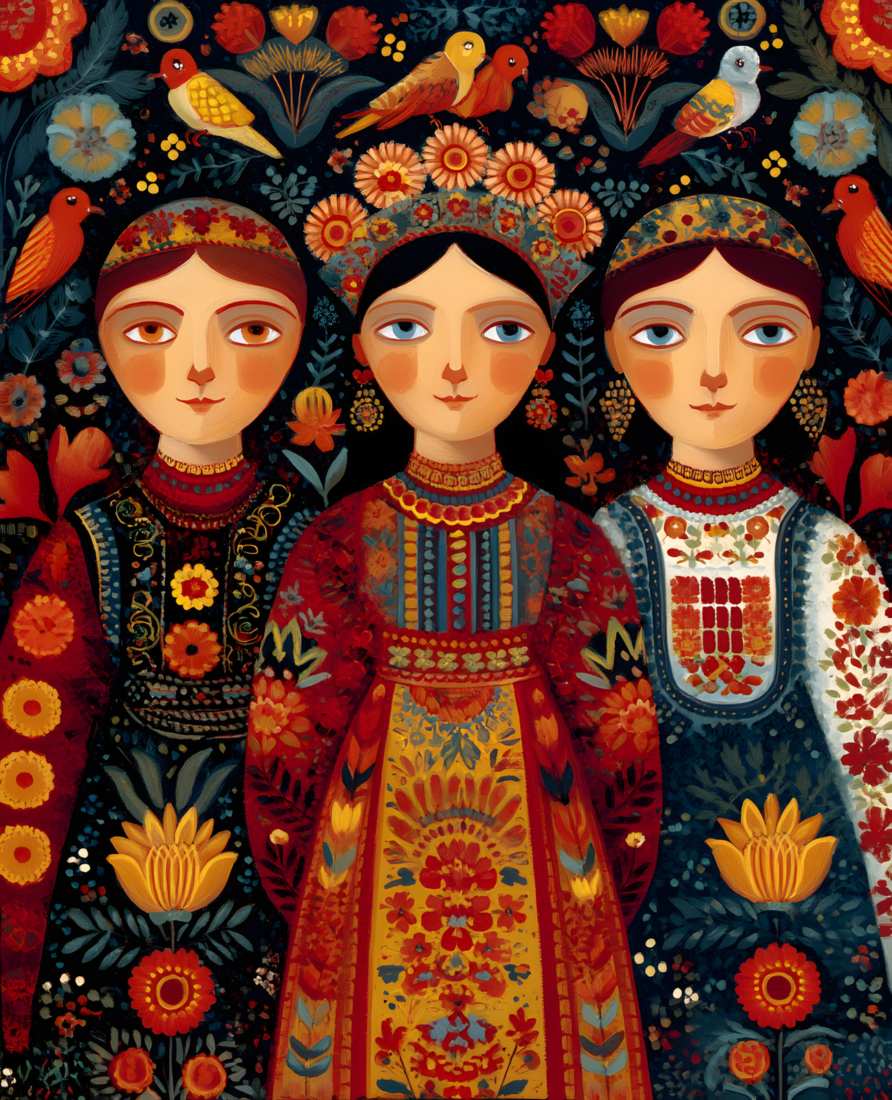Three Ukrainian Folk Women in Embroidered Floral Dresses Print – 379255754