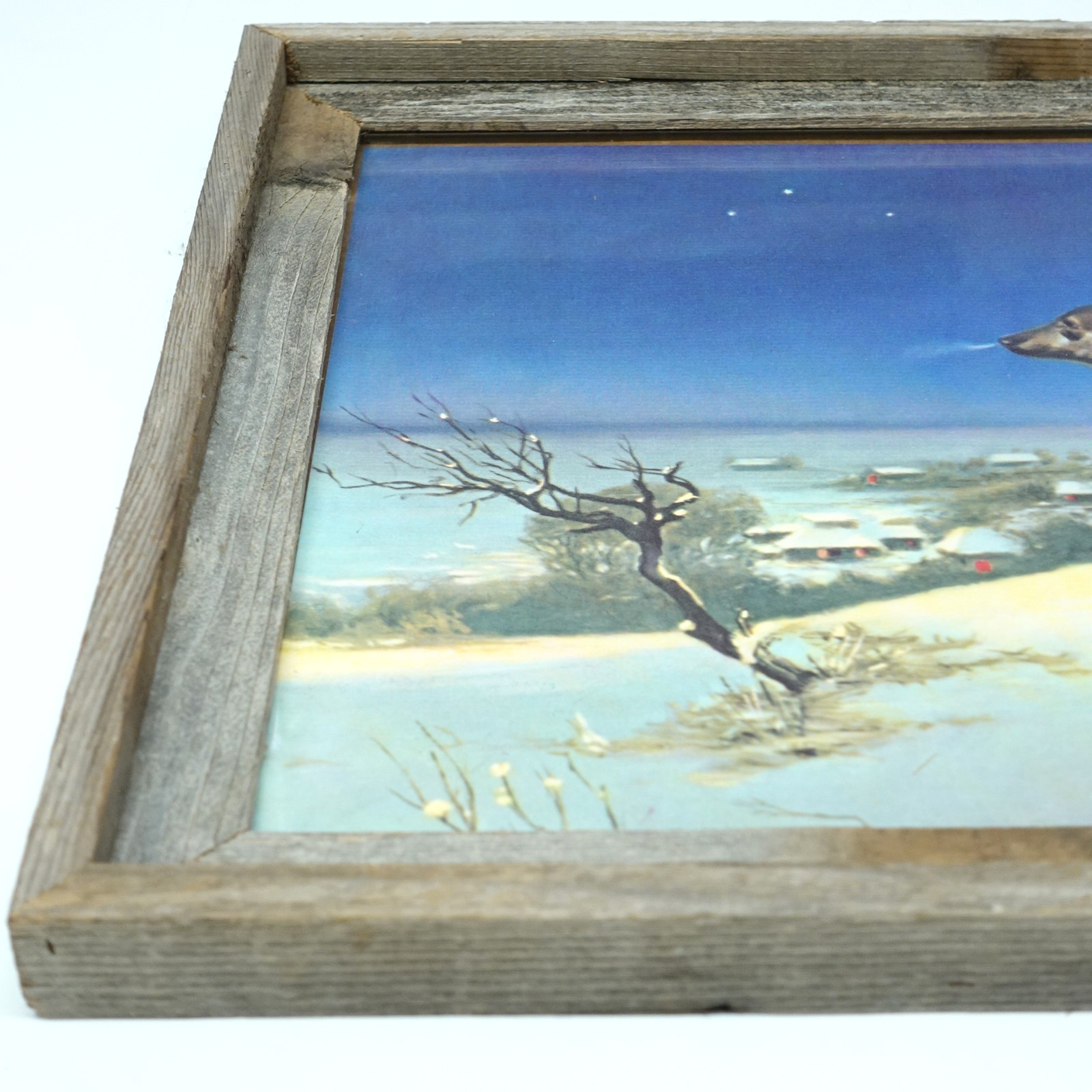 Vintage Lone Wolf Print Victor Kowalski Rustic Barn Wood Frame Winter 23” X 19”