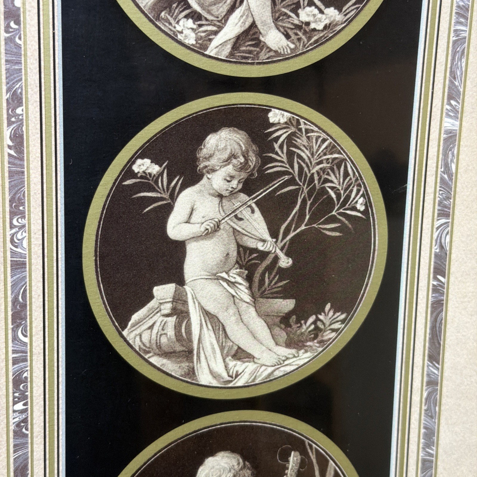 Neoclassical Cherub Baby Cameos in Gold Frame Art Vintage 90s 21.25” x 9.25”