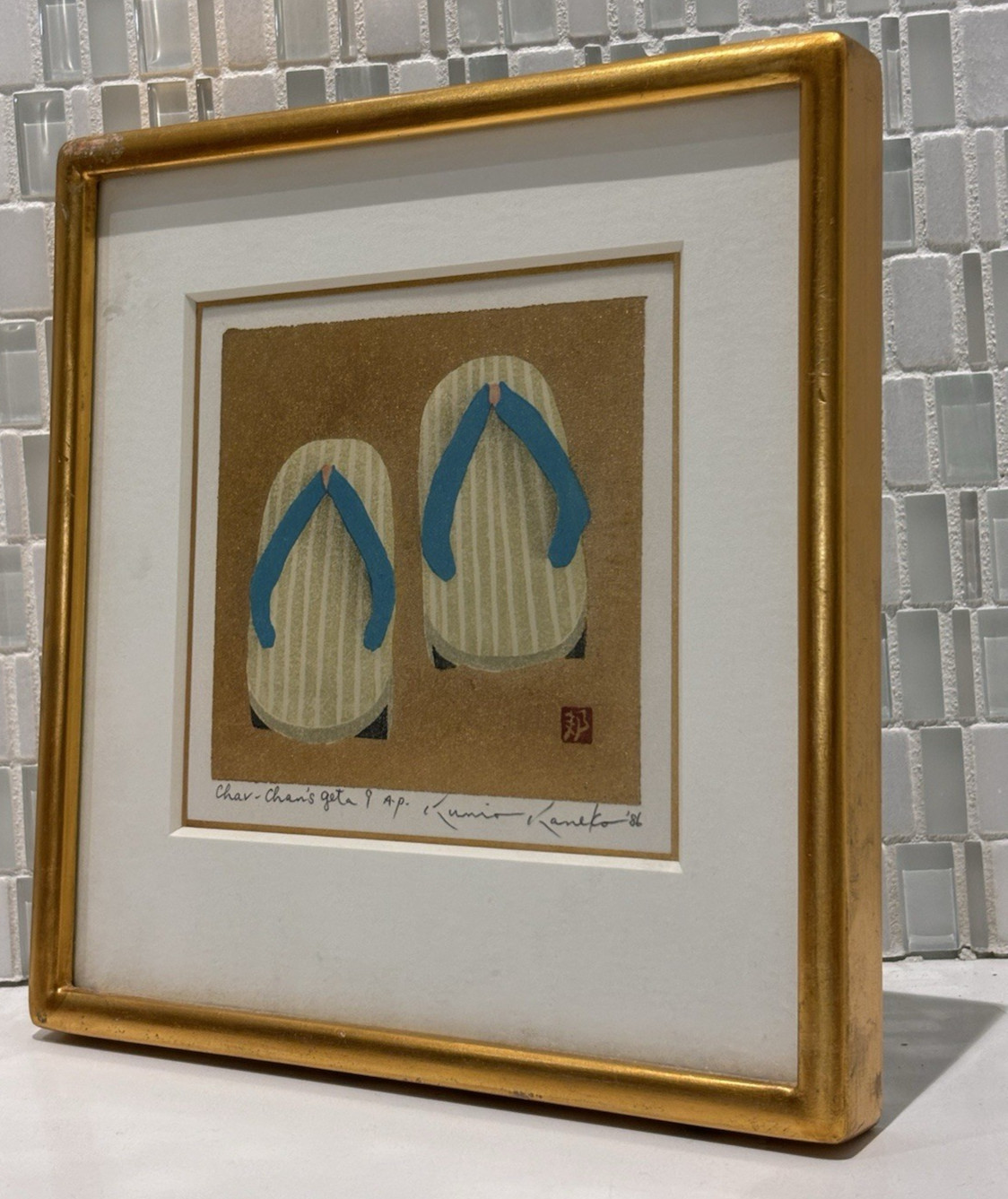 JAPAN WOODBLOCK GOLD FRAME KUNIO KANEKO A.P. 1986 CULTURAL FINE ART DECOR GIFT