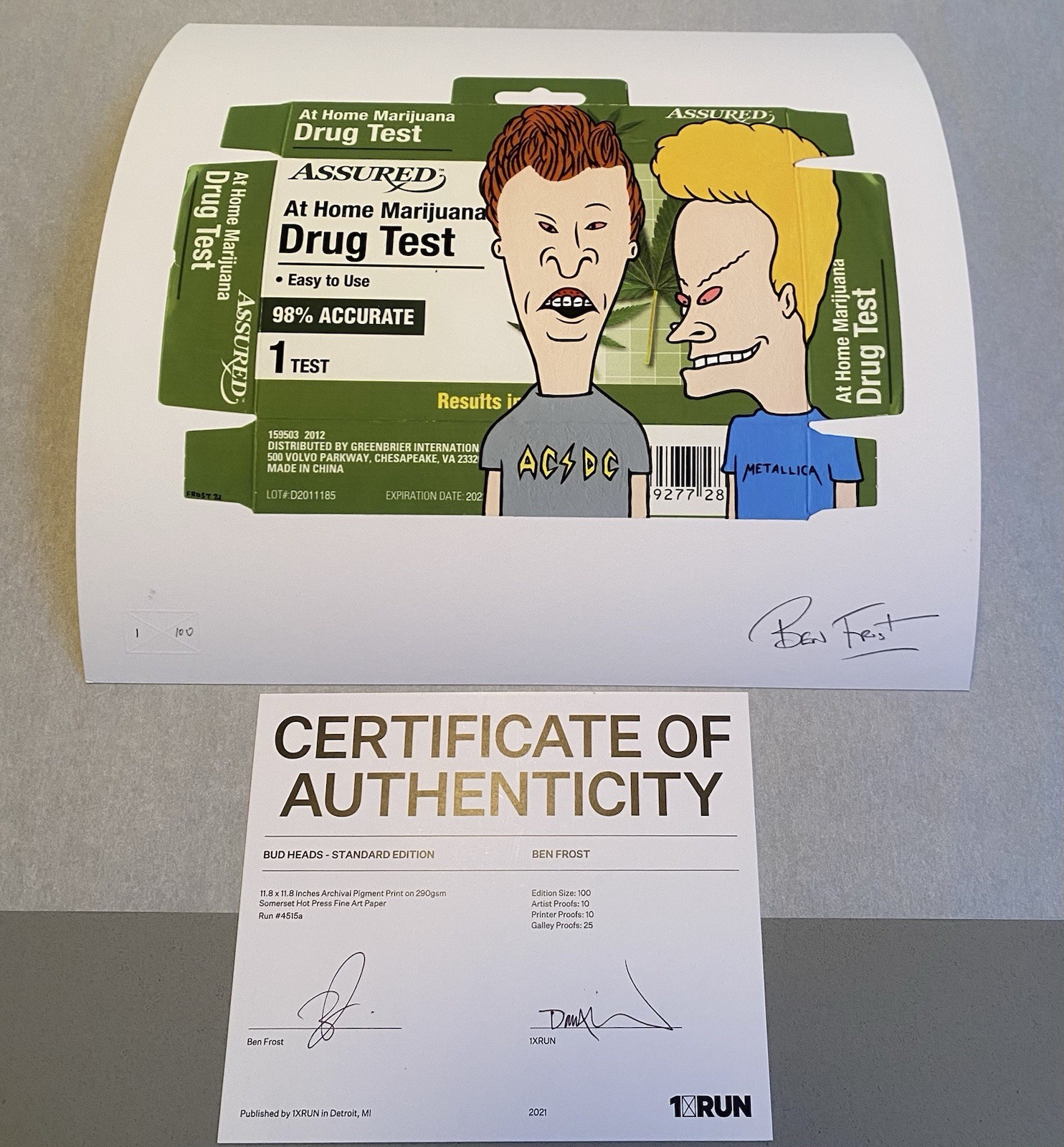 Ben Frost Bud Heads Print 2021 COA 1/ 100 Beavis and Butthead Weed Test Print