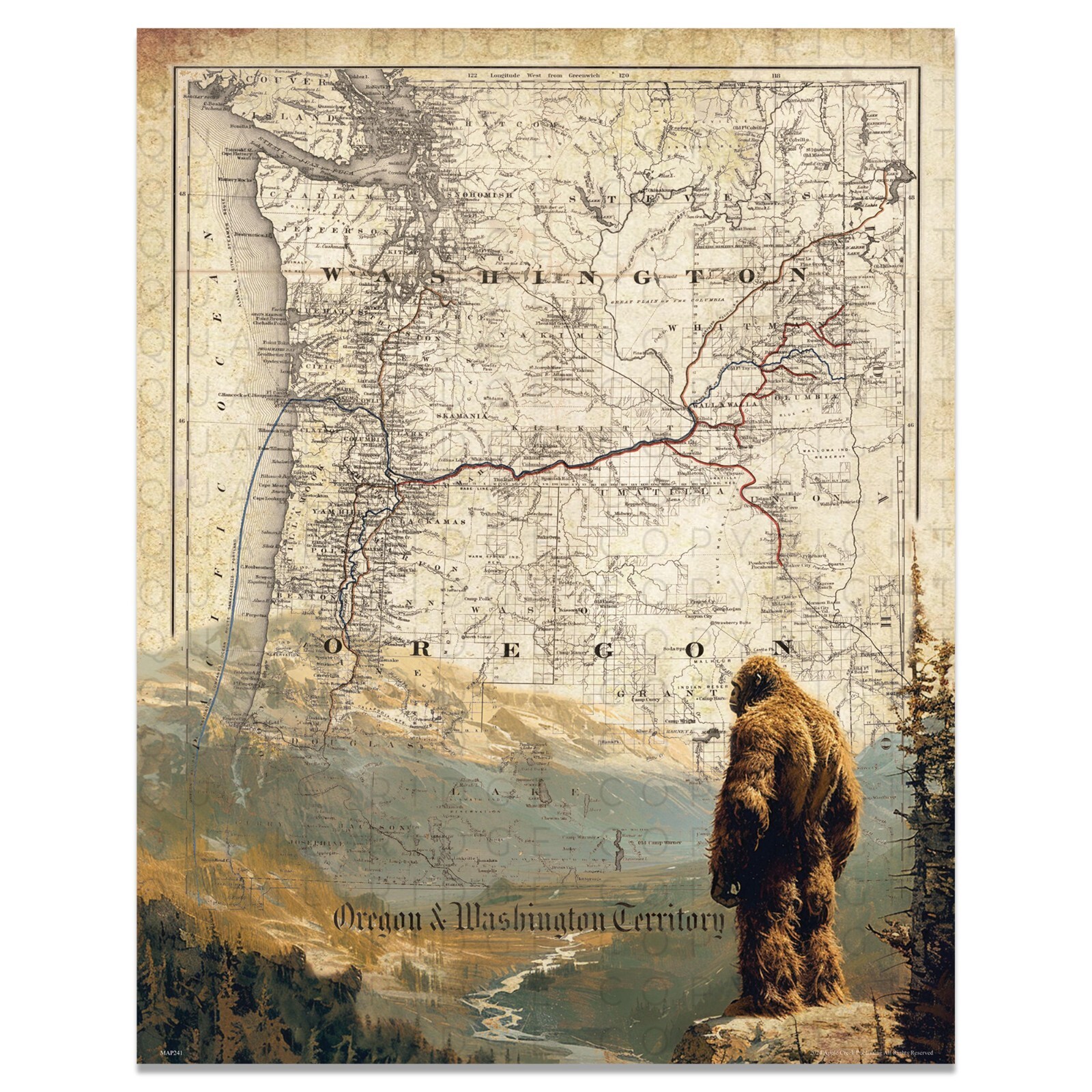 Sasquatch Bigfoot Art Print Vintage Washington Oregon State Map Wall Decor Gift