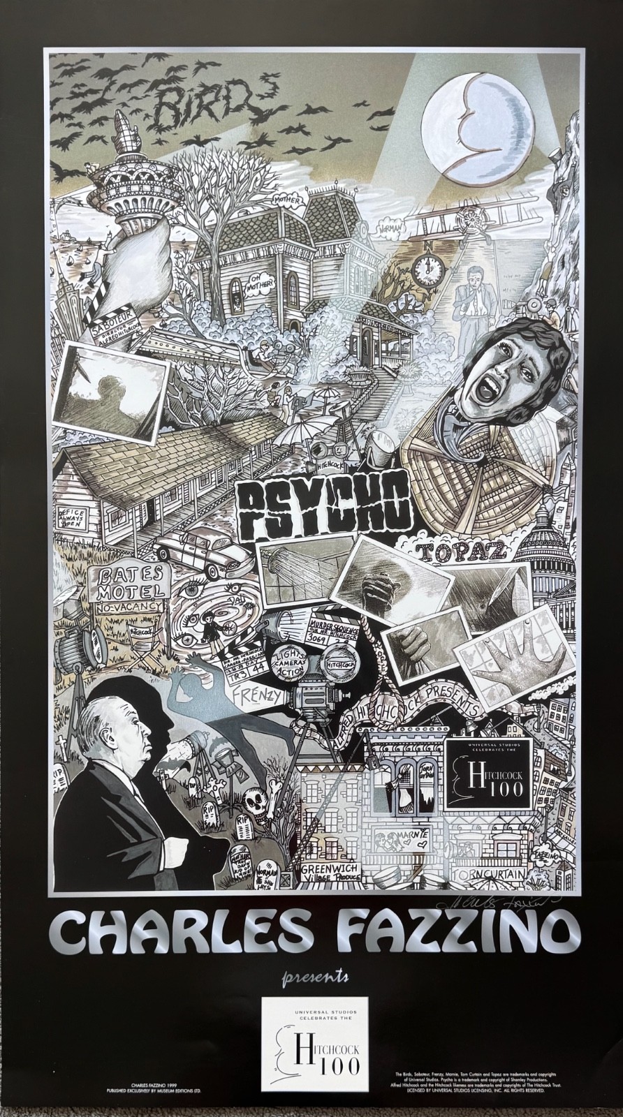 Charles Fazzino HITCHCOCK Hand Signed Poster Psycho The Birds Topaz Torn Curtain