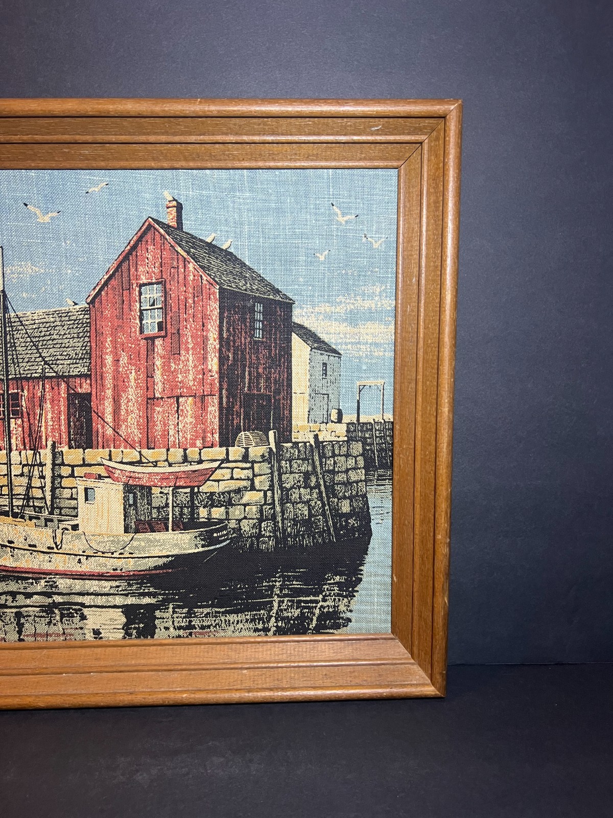 Vintage Nautical Wooden Framed Dockside Fishing Boat Cove Linen Wall Art Print