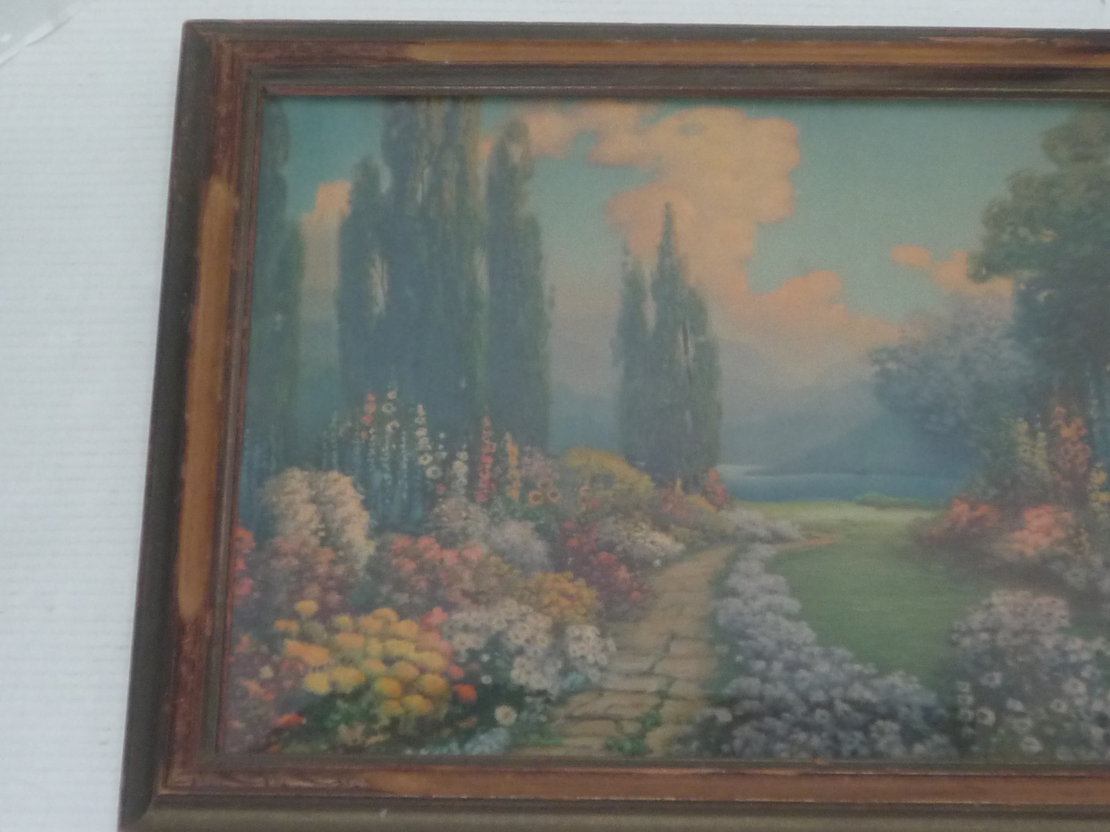 AMAZING ANTIQUE VINTAGE 1927 AMP INC R ATKINSON FOX ENGLISH GARDEN FRAMED PRINT