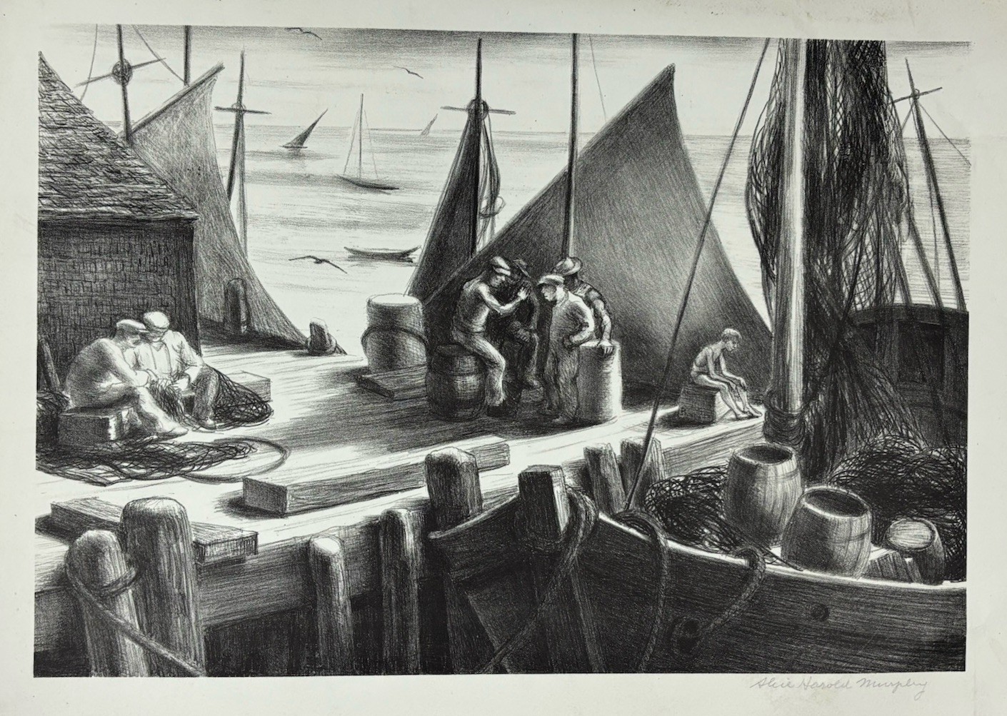 1940s Original Alice Harold Murphy 1890-1966 Fishermen Lithograph Pencil Signed