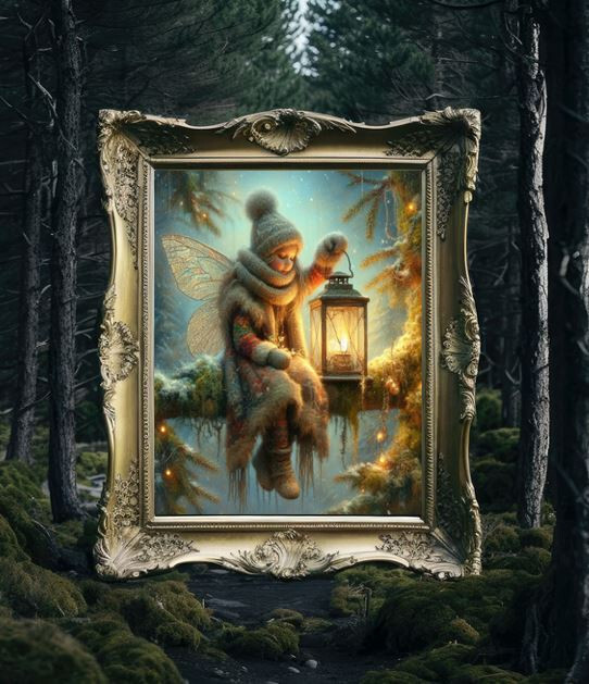 Winter Forest Fairy holding Lantern Whimsical Fantasy Vintage painting print Art