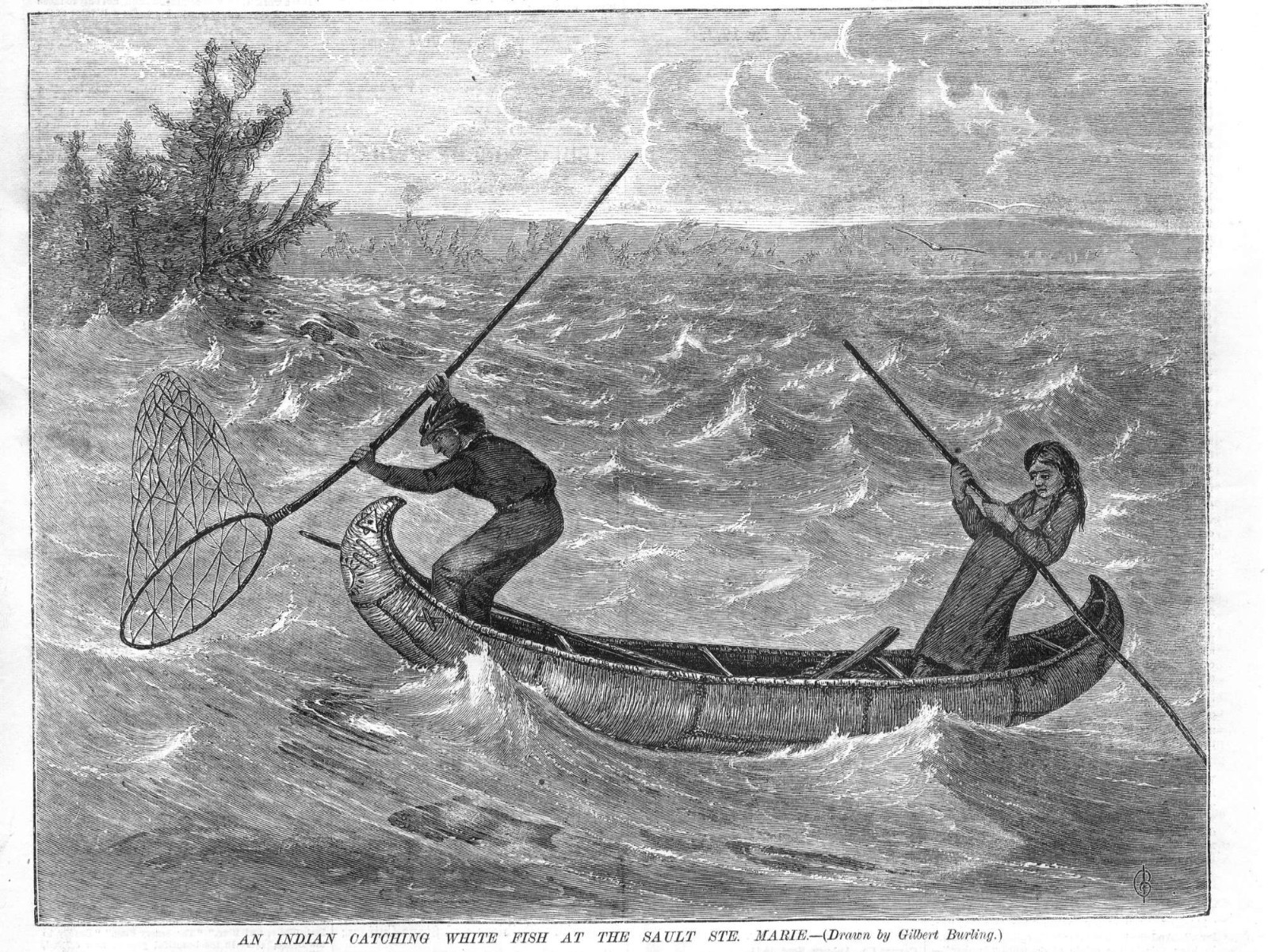 An Indian Catching White Fish at the Sault Ste. Marie – 1871 Historical Print