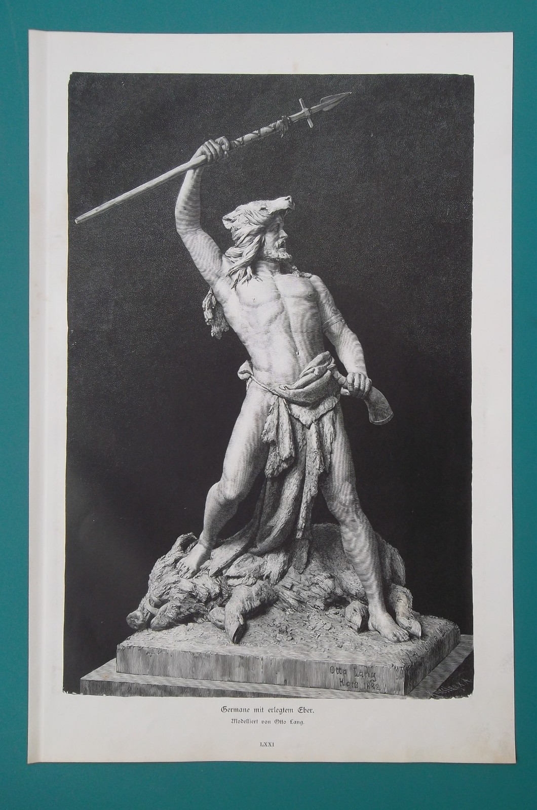 GERMAN WARRIOR Spear Slained Wild Boar Sculpture Art – 1884 Print Xylograph