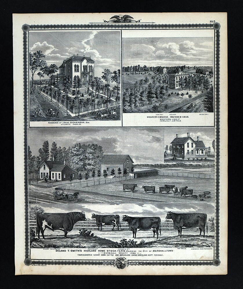 1875 Iowa Atlas Print Smith Stock Farm Marshall County Western College Linn IA