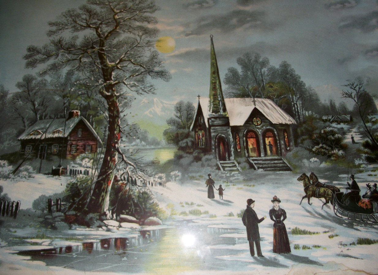 Winter Country Church Horse Sleigh People by J Hoover