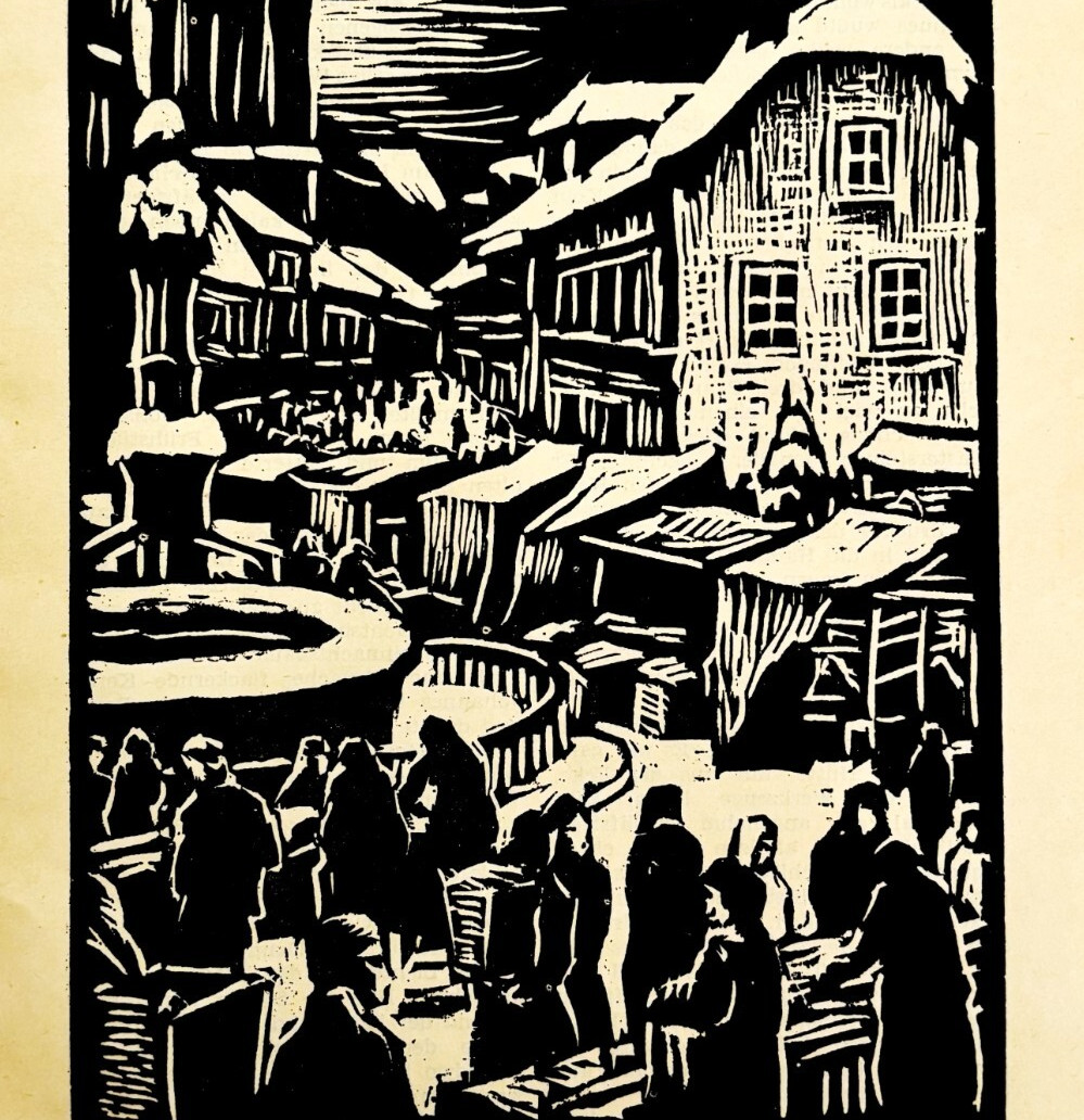 1945 Walter Klemm Woodcut Christmas Market Staats Herold Book Page Art C94F