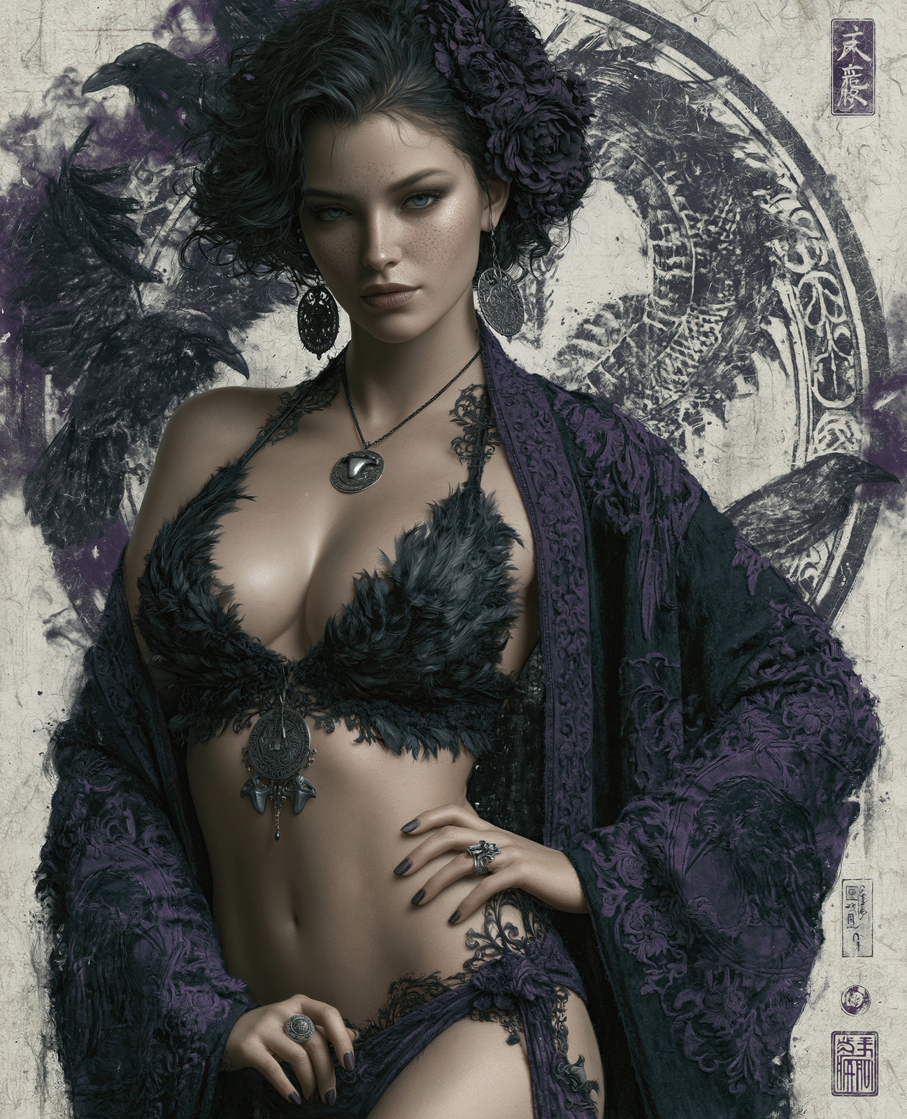 Dark-Haired Gothic Woman in Black Lace with Purple Flowers Print – 798398630