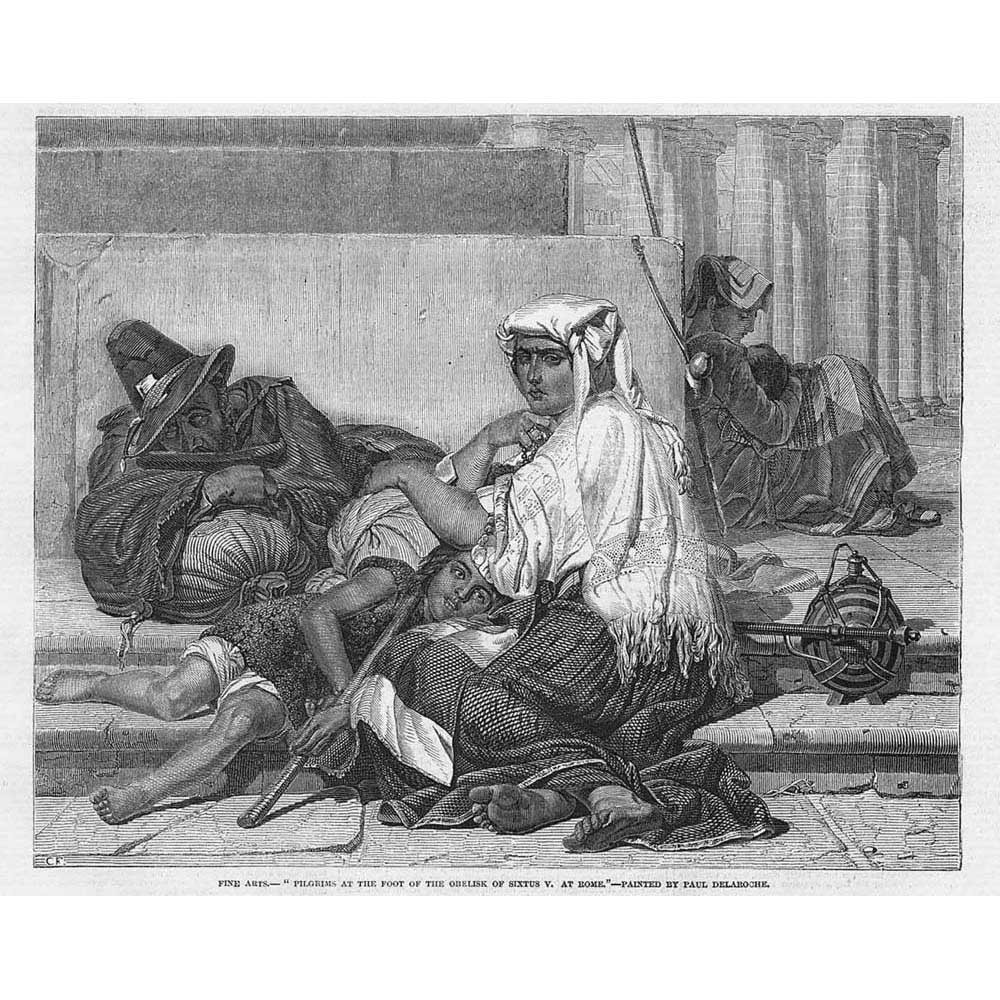 PAUL DELAROCHE Pilgrims at the Sixtus V Obelisk at Rome – Antique Print 1847
