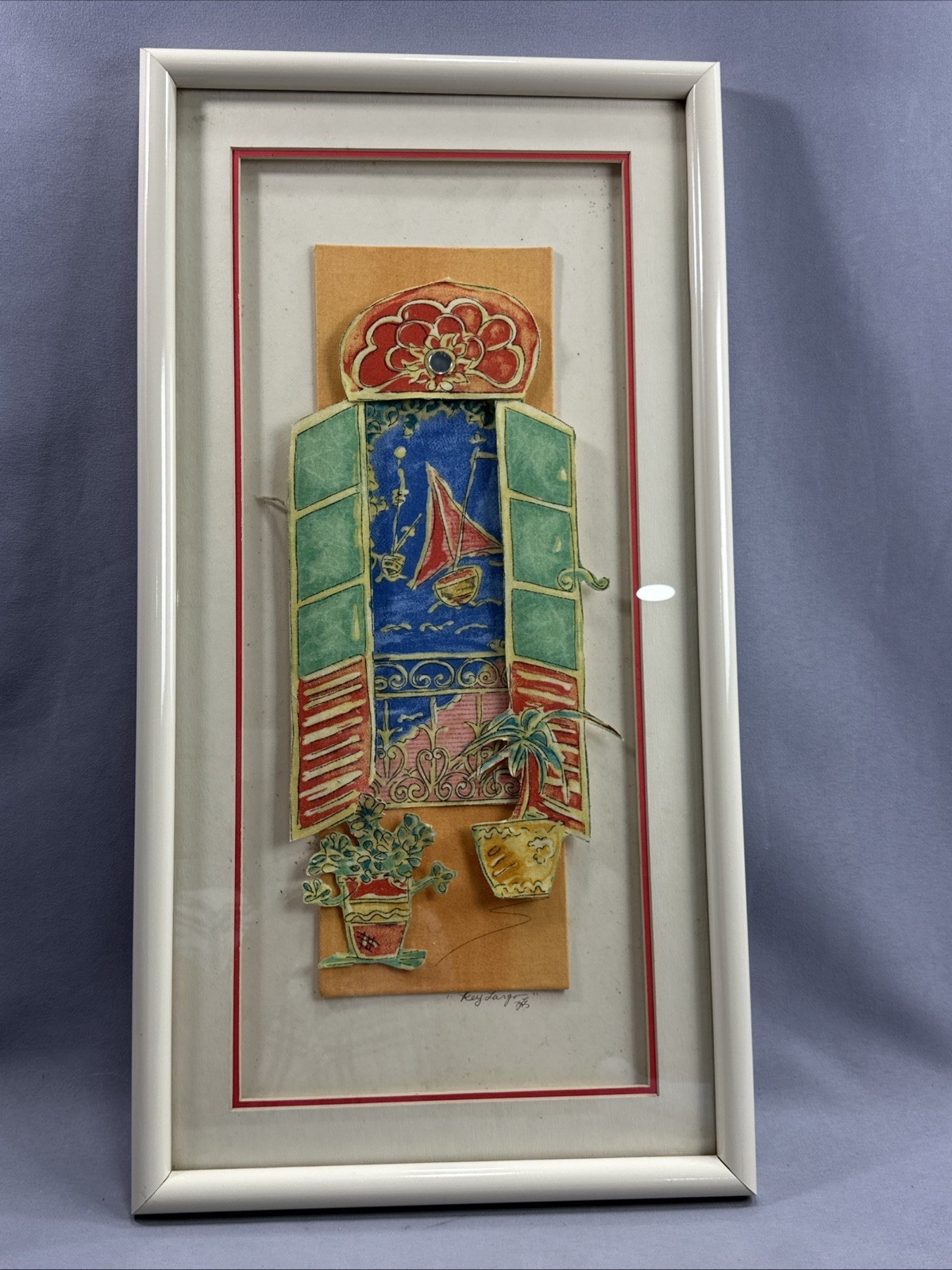Framed Key Largo 3D Sailboat Window Ocean Scene W/ Plants Paper Cloth Handmade