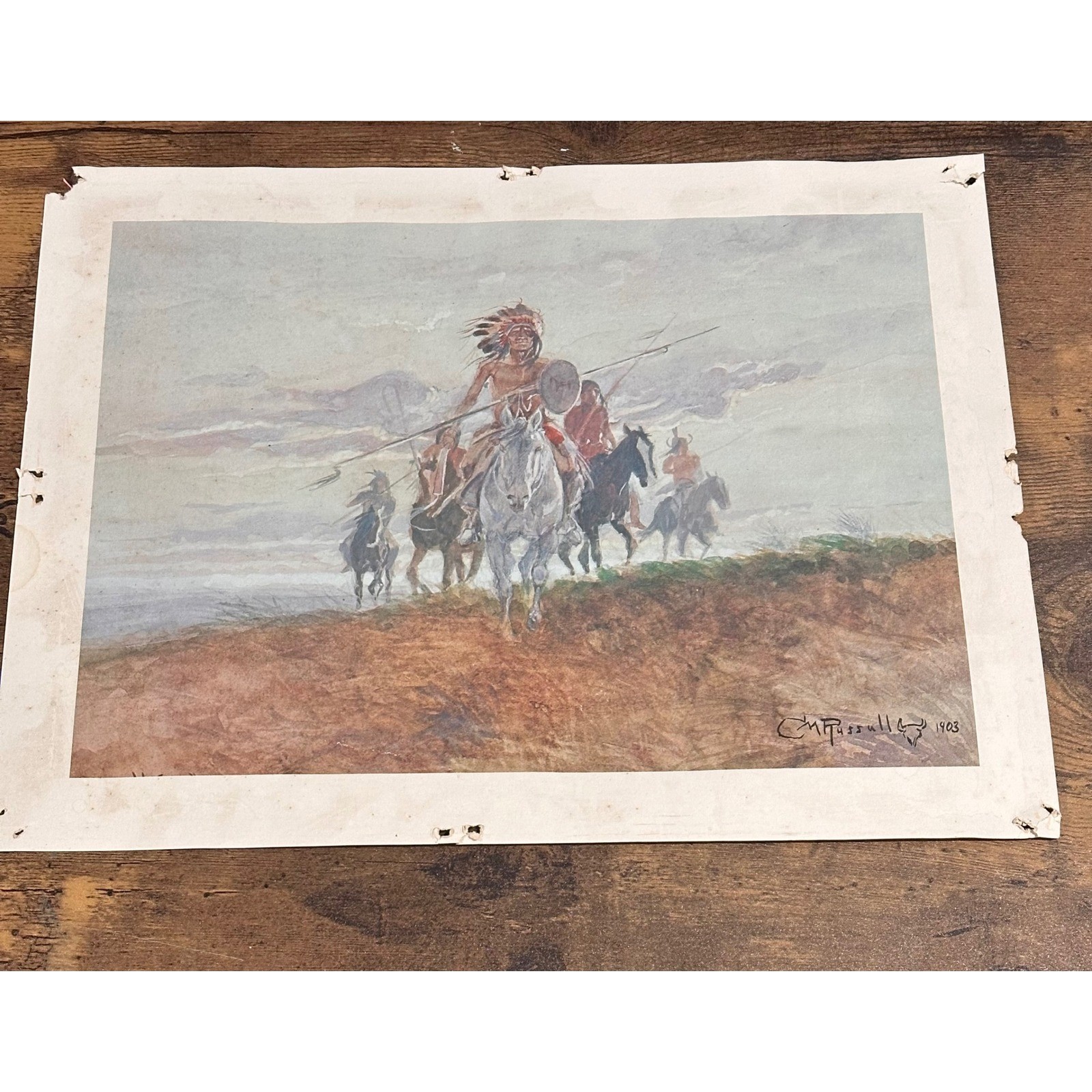 Vintage 1903 Charles M Russell Native American Horseback Warriors Art Print 14in