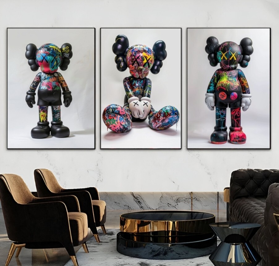 Set of 3 Graffiti Figure Kaws Art pieces canvas wall home decor Portrait Gallery