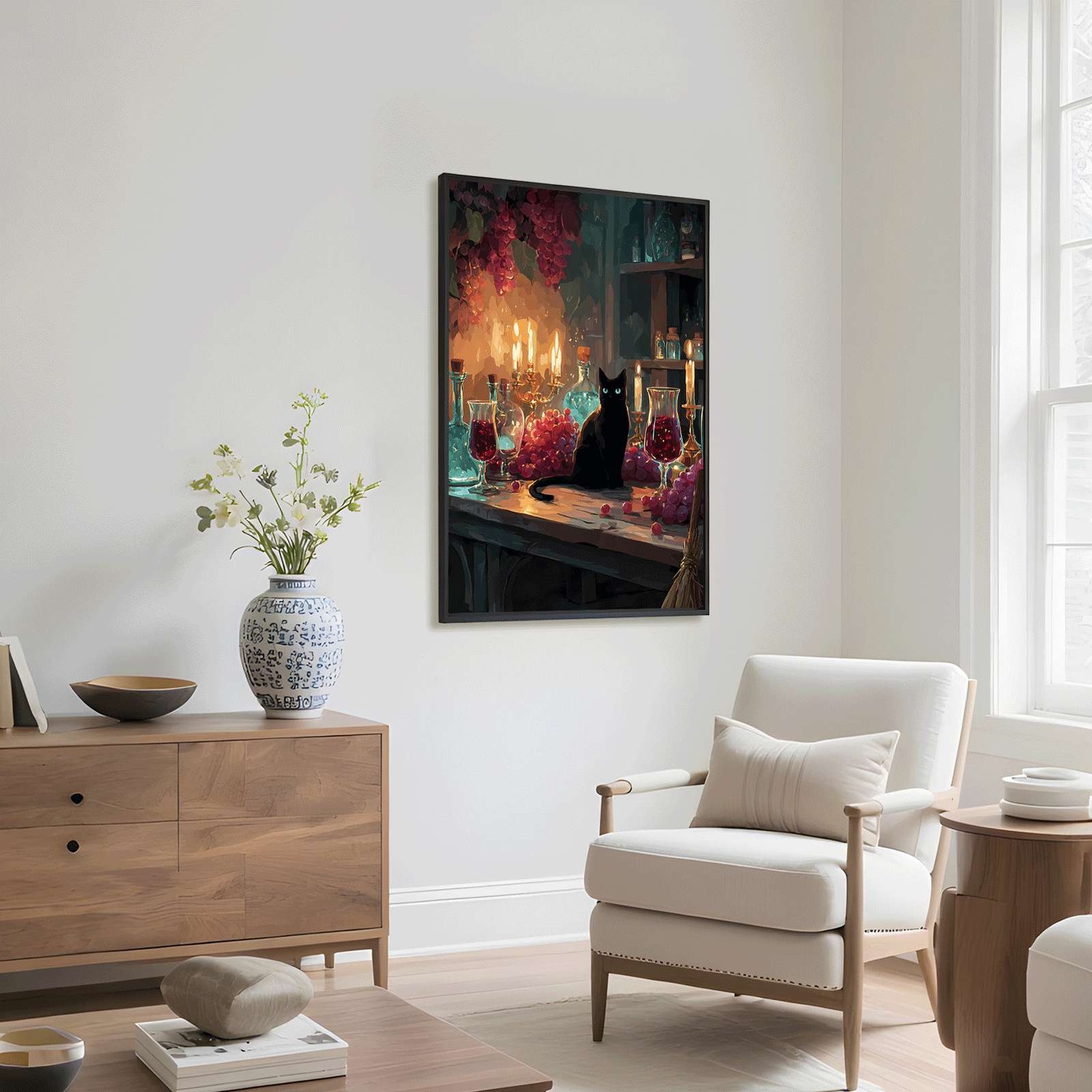 Black Cat Wine Grapes Wall Art Canvas Oil Paintings Reproduction