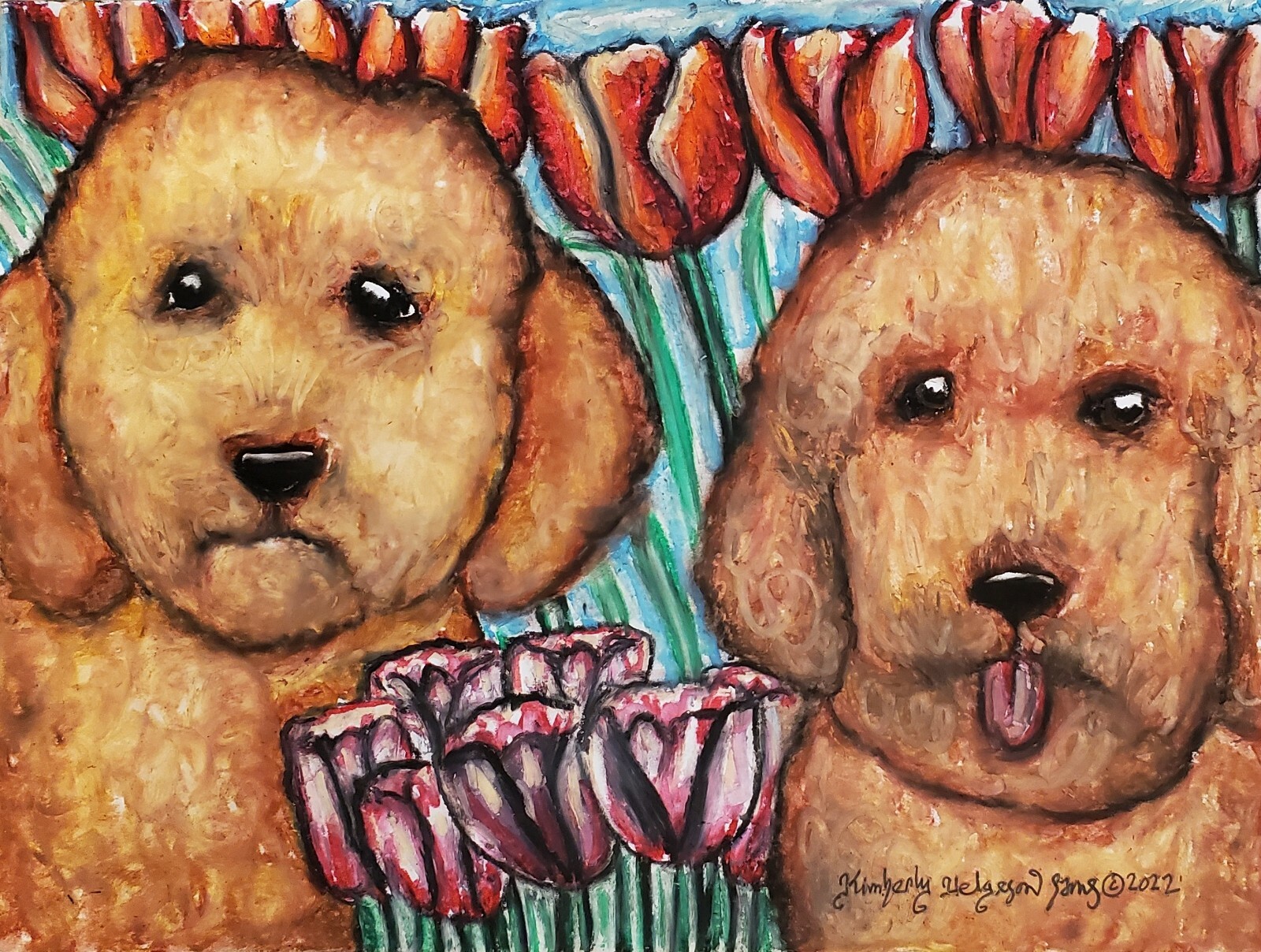 Goldendoodle in Tulips Dog Art Print 13×19 Signed Artist Kimberly Helgeson Sams