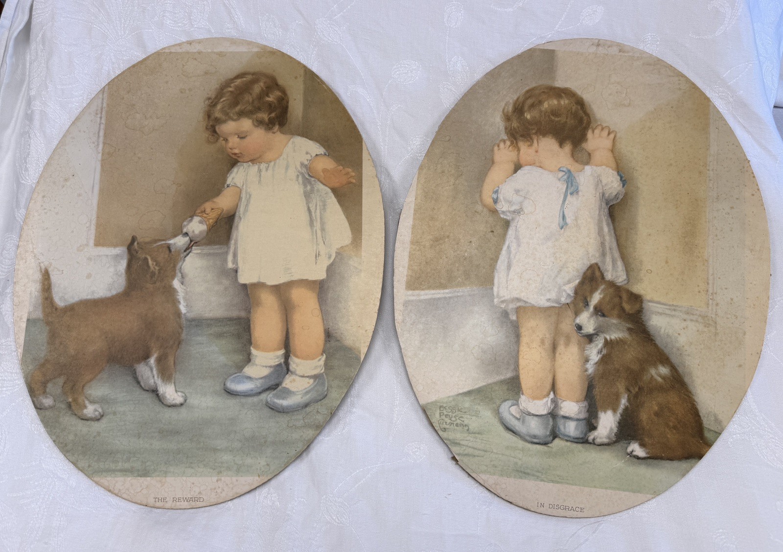 Vtg Bessie Pease Gutmann Prints In Disgrace and The Reward Cardboard Unframed
