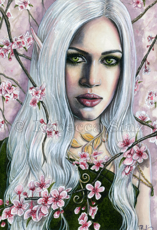 Fairy Art PRINT Spring Cherry Blossoms Pink Elf Portrait White Hair Woman Pretty