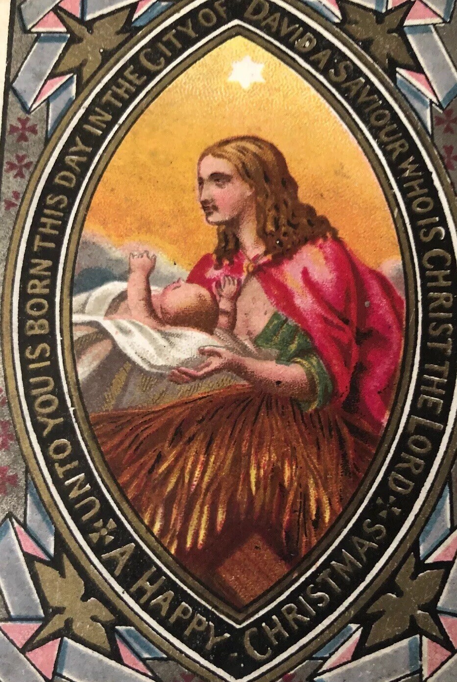 Antique Early Religious Christmas Hand Colored Art Print Card Mary Jesus