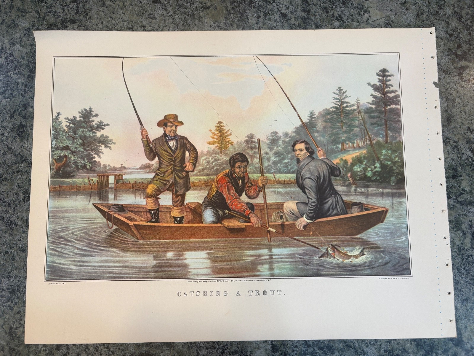 Trout Fishing Lithograph Prints by Currier and Ives Lot of 4 Easy to Mat & Frame