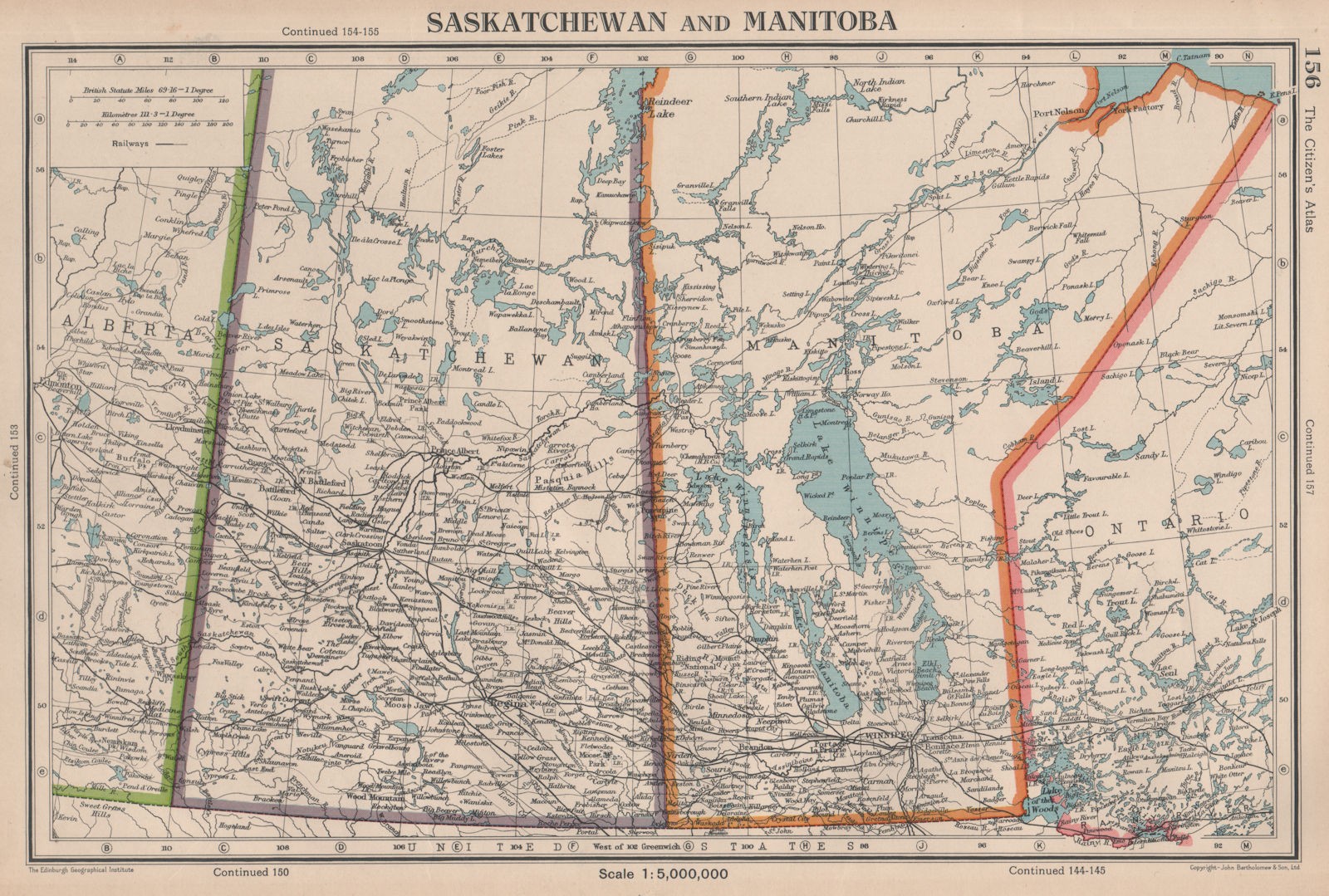 SASKATCHEWAN & MANITOBA. provinces. Canada. Railways. BARTHOLOMEW 1944 old map