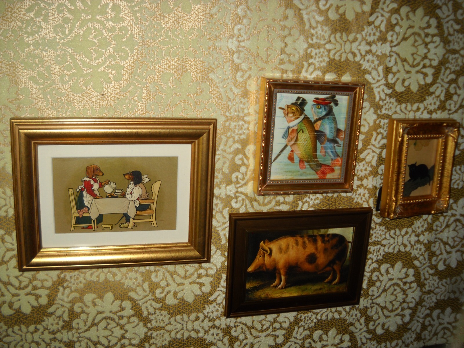 DOGS HORSES FRIENDS 3 X 5 gold framed animal picture Victorian style art print